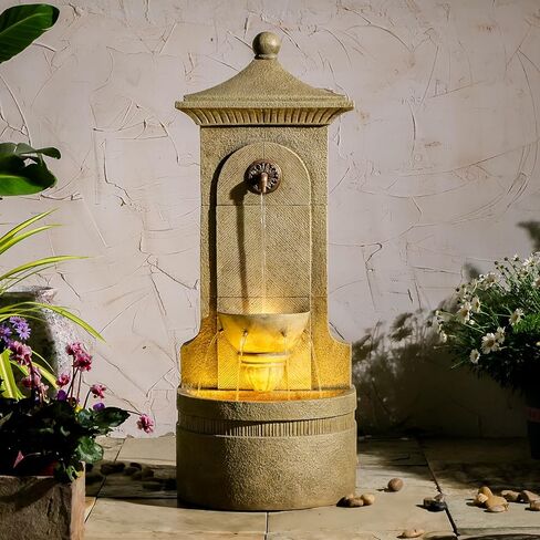 نافورة حائط خارجية مع مصابيح LED، نافورة مياه حديقة قائمة بذاتها بارتفاع 42.91 بوصة، ميزة شلال فناء كبير على الأرض، ساحة خلفية مسطحة من الراتنج الأوروبي، ديكور شرفة الفناء in Kuwait