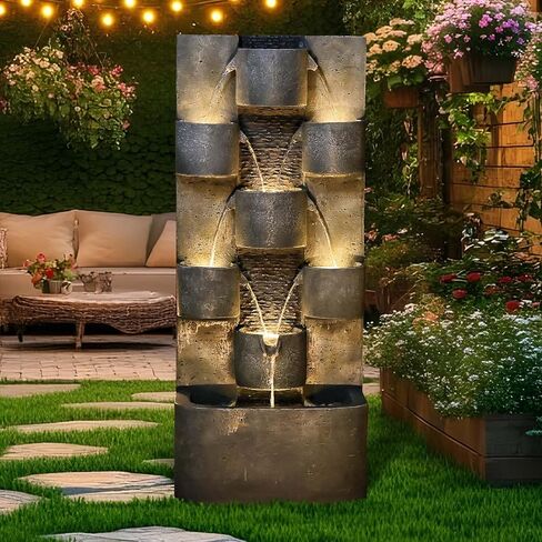 نافورة حائط خارجية مع مصابيح LED، نافورة مياه حديقة قائمة بذاتها بارتفاع 42.91 بوصة، ميزة شلال فناء كبير على الأرض، ساحة خلفية مسطحة من الراتنج الأوروبي، ديكور شرفة الفناء in Kuwait