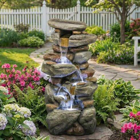 30 Inch Large Outdoor Water Fountain with 6 LED Lights, Stone Look Fiberglass Resin Waterfall Feature, Freestanding Floor Standing Design for Patio Yard Garden Backyard Decking Entryway in Saudi Arabia