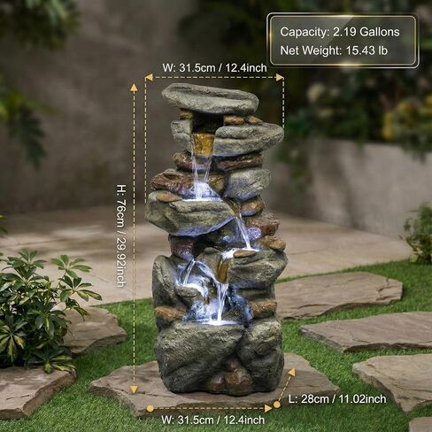 30 Inch Large Outdoor Water Fountain with 6 LED Lights, Stone Look Fiberglass Resin Waterfall Feature, Freestanding Floor Standing Design for Patio Yard Garden Backyard Decking Entryway in Saudi Arabia