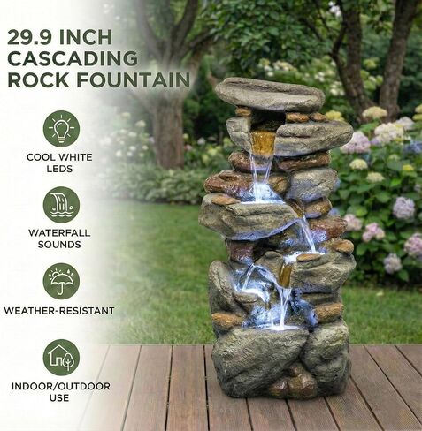 30 Inch Large Outdoor Water Fountain with 6 LED Lights, Stone Look Fiberglass Resin Waterfall Feature, Freestanding Floor Standing Design for Patio Yard Garden Backyard Decking Entryway in Saudi Arabia