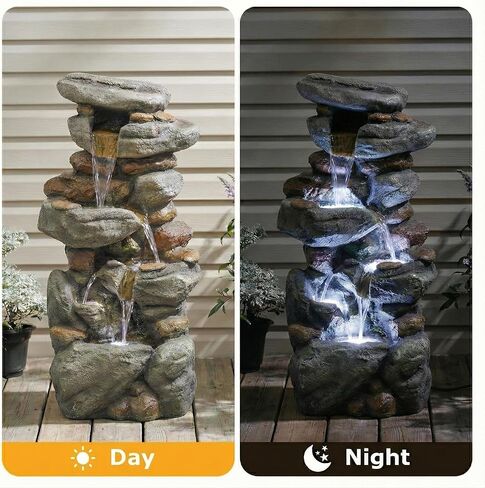 30 Inch Large Outdoor Water Fountain with 6 LED Lights, Stone Look Fiberglass Resin Waterfall Feature, Freestanding Floor Standing Design for Patio Yard Garden Backyard Decking Entryway in Saudi Arabia