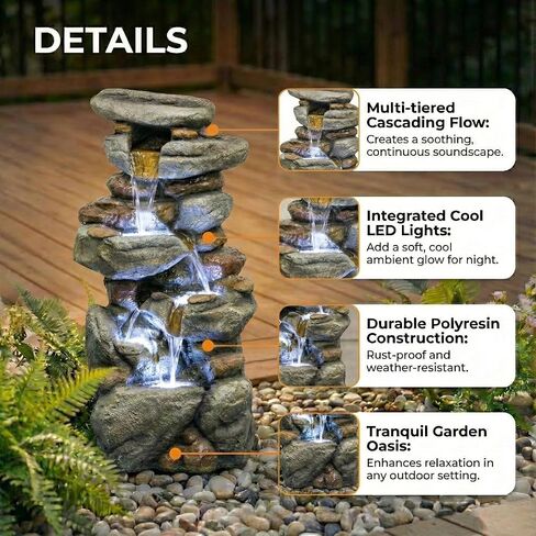 30 Inch Large Outdoor Water Fountain with 6 LED Lights, Stone Look Fiberglass Resin Waterfall Feature, Freestanding Floor Standing Design for Patio Yard Garden Backyard Decking Entryway in Saudi Arabia