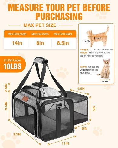 حامل الحيوانات الأليفة القابل للتوسيع من الأعلى والجانبي من PETUX للحيوانات الأليفة الصغيرة التي يصل وزنها إلى 11 رطلاً - 17 × 11 × 9.5 بوصة، مقعد سفلي، حامل كلب للقطط معتمد من شركة الطيران مع مشبك أمان وشبكة مضادة للخدش - رمادي in Kuwait
