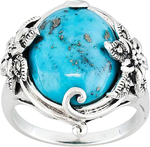 JTV Women's Sterling Silver Ring with Oval Arizona Composite Turquoise Cabochon & Marcasite Accents - Vintage-Inspired Non-Resizable Statement Jewelry Gift in Saudi Arabia