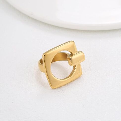18K Gold plated Statement Ring for Women Stainless Steel Gold Tone Hollow Square Rings Fashion Jewelry in Saudi Arabia