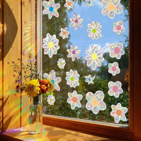 ملصقات نافذة الربيع والصيف على شكل زهرة الأقحوان، نافذة منشورية لامعة على الوجهين، ملصقات نافذة على شكل زهور لطيفة لتزيين النوافذ من الزهور الملونة للمرآة الزجاجية، متجر المكتب والمدرسة in Kuwait