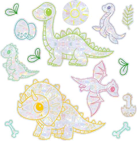14pcs Color Dinosaur Window Stickers, Double-Side Glass Decals Shiny Rainbow Prism Anti Collision Window Clings for Mirror Glass Display Shop Office School Supplies Reusable (Dinosaur1) in Saudi Arabia