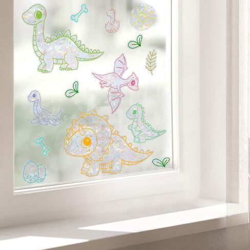 14pcs Color Dinosaur Window Stickers, Double-Side Glass Decals Shiny Rainbow Prism Anti Collision Window Clings for Mirror Glass Display Shop Office School Supplies Reusable (Dinosaur1) in Saudi Arabia