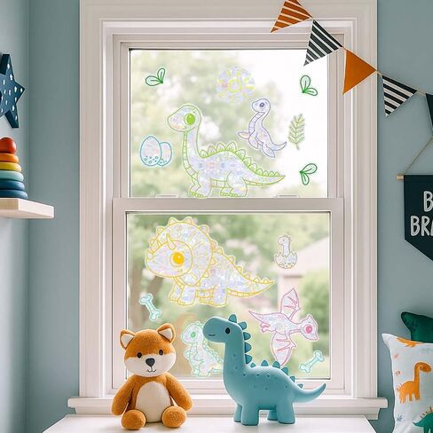 14pcs Color Dinosaur Window Stickers, Double-Side Glass Decals Shiny Rainbow Prism Anti Collision Window Clings for Mirror Glass Display Shop Office School Supplies Reusable (Dinosaur1) in Saudi Arabia