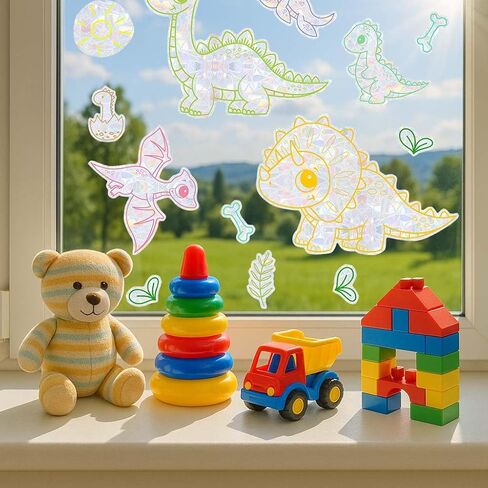 14pcs Color Dinosaur Window Stickers, Double-Side Glass Decals Shiny Rainbow Prism Anti Collision Window Clings for Mirror Glass Display Shop Office School Supplies Reusable (Dinosaur1) in Saudi Arabia