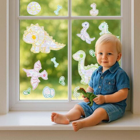 14pcs Color Dinosaur Window Stickers, Double-Side Glass Decals Shiny Rainbow Prism Anti Collision Window Clings for Mirror Glass Display Shop Office School Supplies Reusable (Dinosaur1) in Saudi Arabia