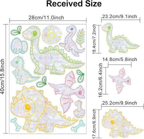 14pcs Color Dinosaur Window Stickers, Double-Side Glass Decals Shiny Rainbow Prism Anti Collision Window Clings for Mirror Glass Display Shop Office School Supplies Reusable (Dinosaur1) in Saudi Arabia