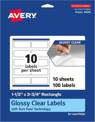 Avery Glossy Clear Rectangle Labels, Sure Feed Technology, 1.5" x 3.75", 250 Glossy Clear Labels, Print-to-The-Edge, Laser/Inkjet Printable in Saudi Arabia
