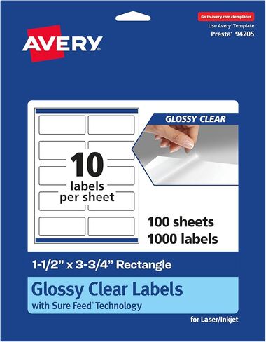 Avery Glossy Clear Rectangle Labels, Sure Feed Technology, 1.5" x 3.75", 250 Glossy Clear Labels, Print-to-The-Edge, Laser/Inkjet Printable in Saudi Arabia