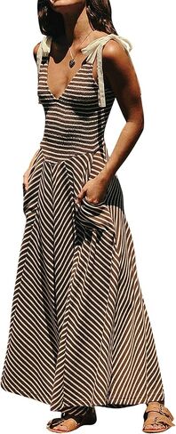 Women Summer Flowy Striped Dresses Smocked V Neck Tank Top Beach Dress Sleeveless Sundress Long Dress with Pockets in Saudi Arabia