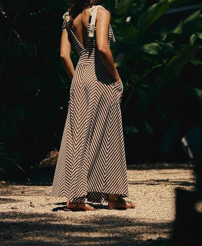 Women Summer Flowy Striped Dresses Smocked V Neck Tank Top Beach Dress Sleeveless Sundress Long Dress with Pockets in Saudi Arabia