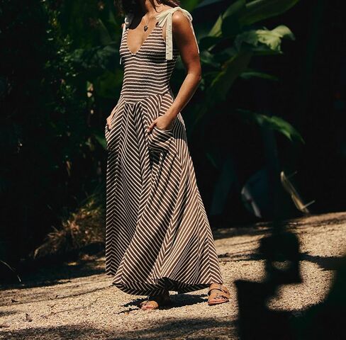 Women Summer Flowy Striped Dresses Smocked V Neck Tank Top Beach Dress Sleeveless Sundress Long Dress with Pockets in Saudi Arabia