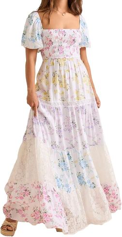 فستان نسائي مُزين بنقشة الزهور وأكمام منتفخة ورقبة مربعة متدرجة بوهو فساتين ماكسي واسعة لصيف وخريف in Kuwait