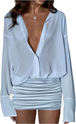 فستان قصير شبكي شفاف للنساء من GORGLITTER فستان قصير بأكمام طويلة وأزرار مكشكشة فساتين صيفية مثيرة للخروج 2026 in Kuwait