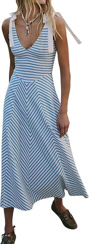 Women Summer Flowy Striped Dresses Smocked V Neck Tank Top Beach Dress Sleeveless Sundress Long Dress with Pockets in Saudi Arabia