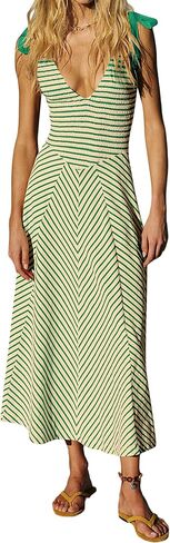 Women Summer Flowy Striped Dresses Smocked V Neck Tank Top Beach Dress Sleeveless Sundress Long Dress with Pockets in Saudi Arabia