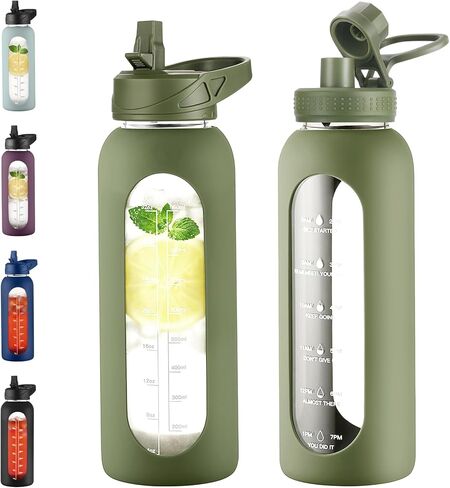 EALGRO 64 oz Glass Water Bottle With Straw and Handle, Half Gallon Sports Motivational Water Jug Flask with Silicone Sleeve, Large Water Cup with Time Marker for Travel, Gym, Black in Kuwait