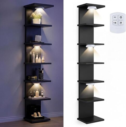 Pinkunn 2 Pack 7-Tier LED رف حائط عائم مع جهاز تحكم عن بعد، وحدة رف جدار إضاءة قابلة للتعديل بطول 77 بوصة، منظم عرض تخزين عمودي رف عائم لغرفة النوم وغرفة المعيشة، بدون بطارية (أبيض) in Saudi Arabia