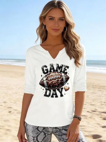Women's Graphic Football Long Sleeve T-Shirt, Game Day V-Neck Loose Fit Tee Womens T Shirts for Game Day & Football Season in Saudi Arabia