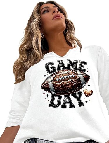 Women's Graphic Football Long Sleeve T-Shirt, Game Day V-Neck Loose Fit Tee Womens T Shirts for Game Day & Football Season in Saudi Arabia