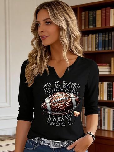 Women's Graphic Football Long Sleeve T-Shirt, Game Day V-Neck Loose Fit Tee Womens T Shirts for Game Day & Football Season in Saudi Arabia