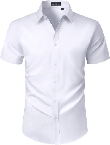 Mens Short Sleeve Dress Shirts Stain Shield Solid Button Down Shirt Casual Business Work Wedding Stretch Formal Shirt in Saudi Arabia