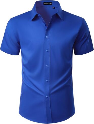 Mens Short Sleeve Dress Shirts Stain Shield Solid Button Down Shirt Casual Business Work Wedding Stretch Formal Shirt in Saudi Arabia