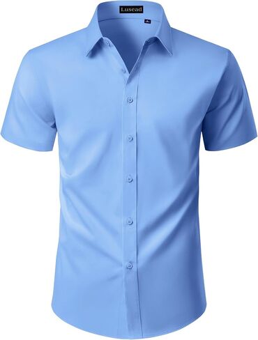 Mens Short Sleeve Dress Shirts Stain Shield Solid Button Down Shirt Casual Business Work Wedding Stretch Formal Shirt in Saudi Arabia