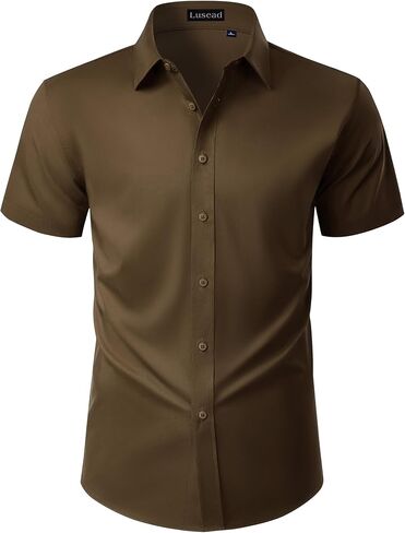 Mens Short Sleeve Dress Shirts Stain Shield Solid Button Down Shirt Casual Business Work Wedding Stretch Formal Shirt in Saudi Arabia