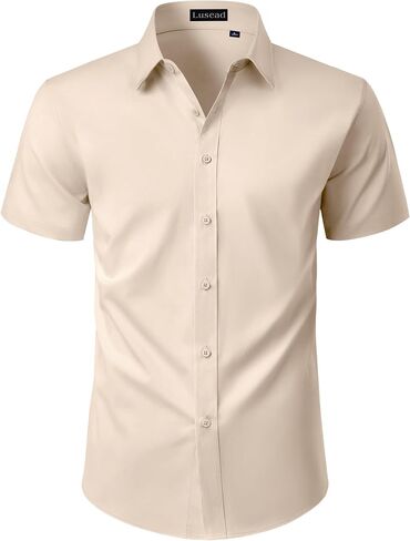 Mens Short Sleeve Dress Shirts Stain Shield Solid Button Down Shirt Casual Business Work Wedding Stretch Formal Shirt in Saudi Arabia