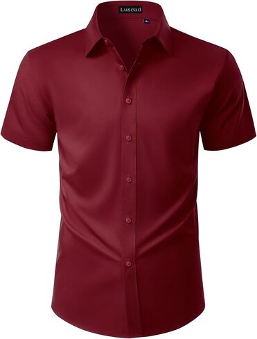 Mens Short Sleeve Dress Shirts Stain Shield Solid Button Down Shirt Casual Business Work Wedding Stretch Formal Shirt in Saudi Arabia