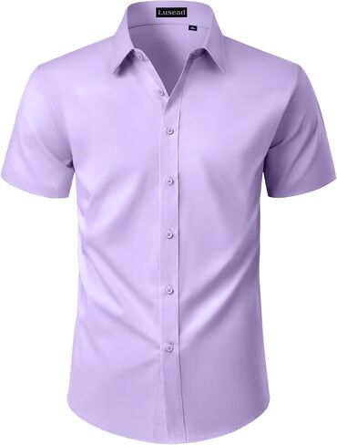 Mens Short Sleeve Dress Shirts Stain Shield Solid Button Down Shirt Casual Business Work Wedding Stretch Formal Shirt in Saudi Arabia