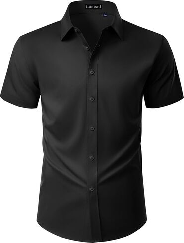 Mens Short Sleeve Dress Shirts Stain Shield Solid Button Down Shirt Casual Business Work Wedding Stretch Formal Shirt in Saudi Arabia