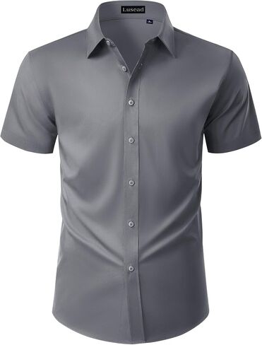 Mens Short Sleeve Dress Shirts Stain Shield Solid Button Down Shirt Casual Business Work Wedding Stretch Formal Shirt in Saudi Arabia