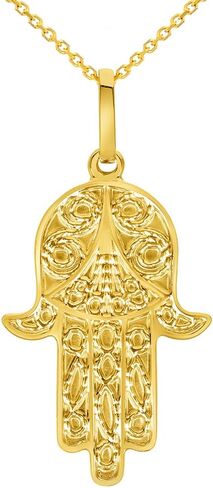 Solid 14k Yellow Gold Dainty Filigree Hamsa Hand of Fatima Pendant with Cable, Cuban Curb, or Figaro Chain Necklaces in Saudi Arabia