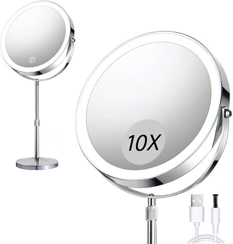 Makeup Mirror with Lights and Magnification, Electric Lighted Makeup Mirror with 10x Magnification, Magnifying Mirror with Light for The Bathroom, 360° Rotation & Height Adjustable in Saudi Arabia