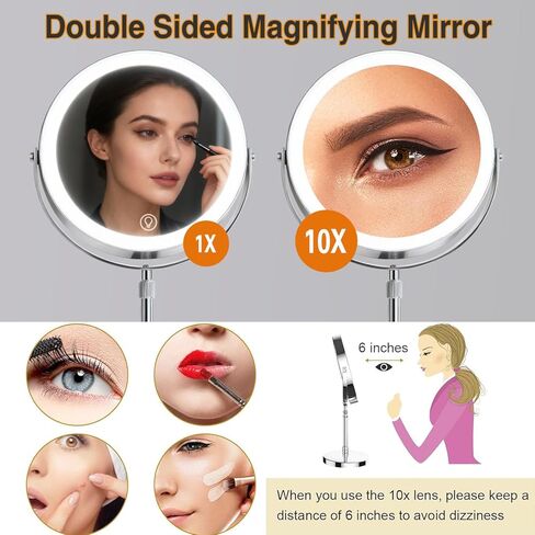 Makeup Mirror with Lights and Magnification, Electric Lighted Makeup Mirror with 10x Magnification, Magnifying Mirror with Light for The Bathroom, 360° Rotation & Height Adjustable in Saudi Arabia