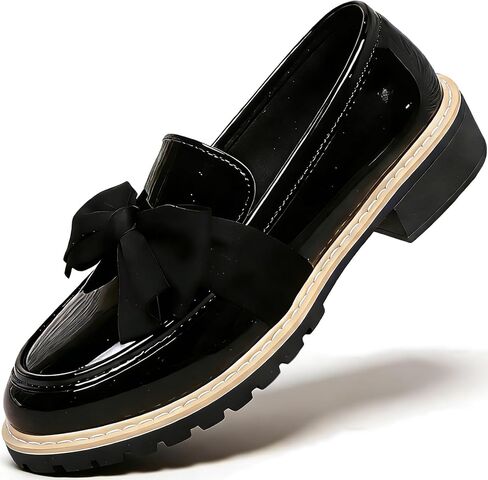 Women's Patent Leather Bow Chunky Heel Loafers Fashion Round Toe Lug Sole Low Block Heel Elegant Dress Shoes for Everyday Business School Office Work Wear in Kuwait