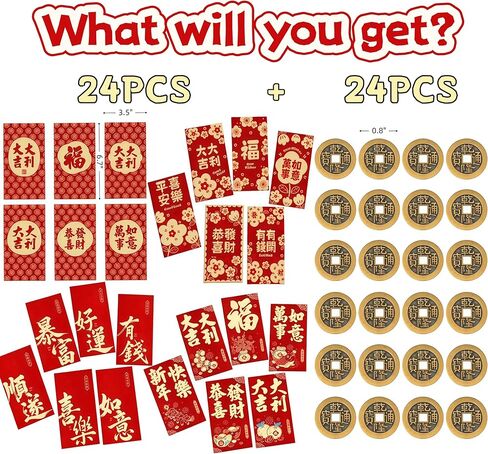 24Pcs Chinese New Year Red Envelopes - 2026 Year of the Horse Red Packet With 24 Brass Chinese Feng Shui Coin | Large Hong Bao 3.5 x 6.7 In | Spring Chinese Lucky Money Pockets - Lunar New Year Gifts in Kuwait