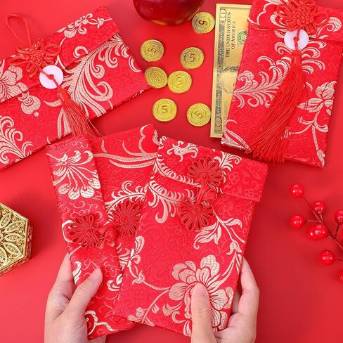 4 Pcs Chinese New Year Red Envelopes Chinese Red Envelope HongBao Silk Reds Envelopes Lucky Money Pockets Card Cash Envelope Lucky Money for Wedding New Year Spring Festival Birthday Gift in Saudi Arabia