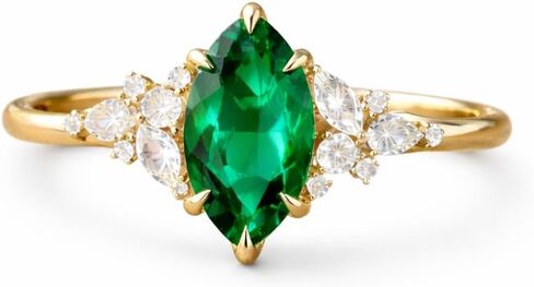 Marquise Cut Green Emerald Engagement Ring for Women 14K Yellow Gold Vintage Gemstone Ring with White Diamond Accents Nature Inspired Bridal Promise Jewelry Gift in Saudi Arabia