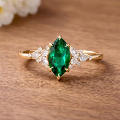 Marquise Cut Green Emerald Engagement Ring for Women 14K Yellow Gold Vintage Gemstone Ring with White Diamond Accents Nature Inspired Bridal Promise Jewelry Gift in Saudi Arabia
