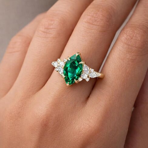 Marquise Cut Green Emerald Engagement Ring for Women 14K Yellow Gold Vintage Gemstone Ring with White Diamond Accents Nature Inspired Bridal Promise Jewelry Gift in Saudi Arabia