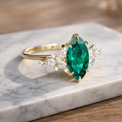 Marquise Cut Green Emerald Engagement Ring for Women 14K Yellow Gold Vintage Gemstone Ring with White Diamond Accents Nature Inspired Bridal Promise Jewelry Gift in Saudi Arabia